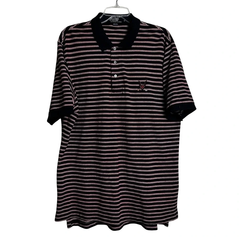 Polo Ralph Lauren Mens XL Striped Golf‎ Crest Polo Shirt Navy Blue Red Cotton